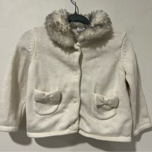 Janie & Jack Baby Girl Faux Fur Collar Cardigan Ivory White Bow Pocket 12-18m